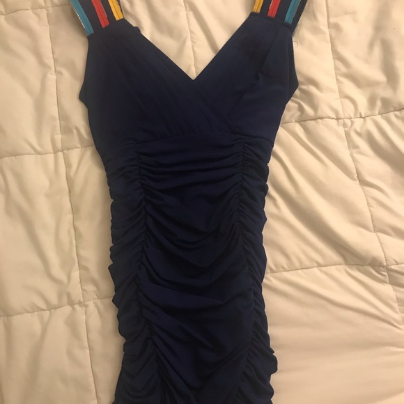Fun navy blue ruched dress with colourful straps - Picture 2 of 3